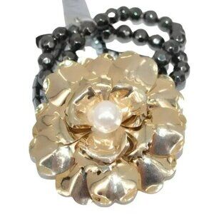 NWT Guess Gold Metal Pearl Gray Beaded Stretch Slip-On Statement Party Bracelet
